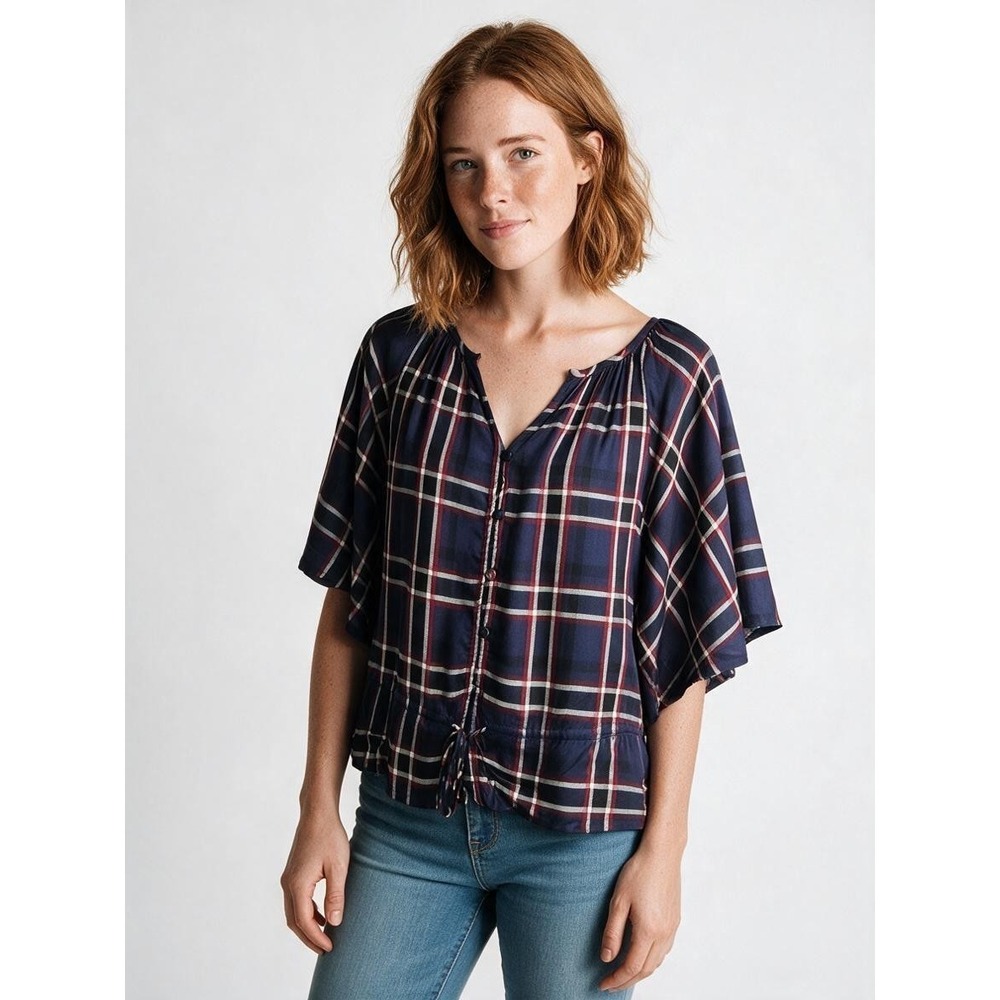 Michael Stars NEW Plaid Top Cascade Sleeve Navy Red Fall Tartan Preppy Medium